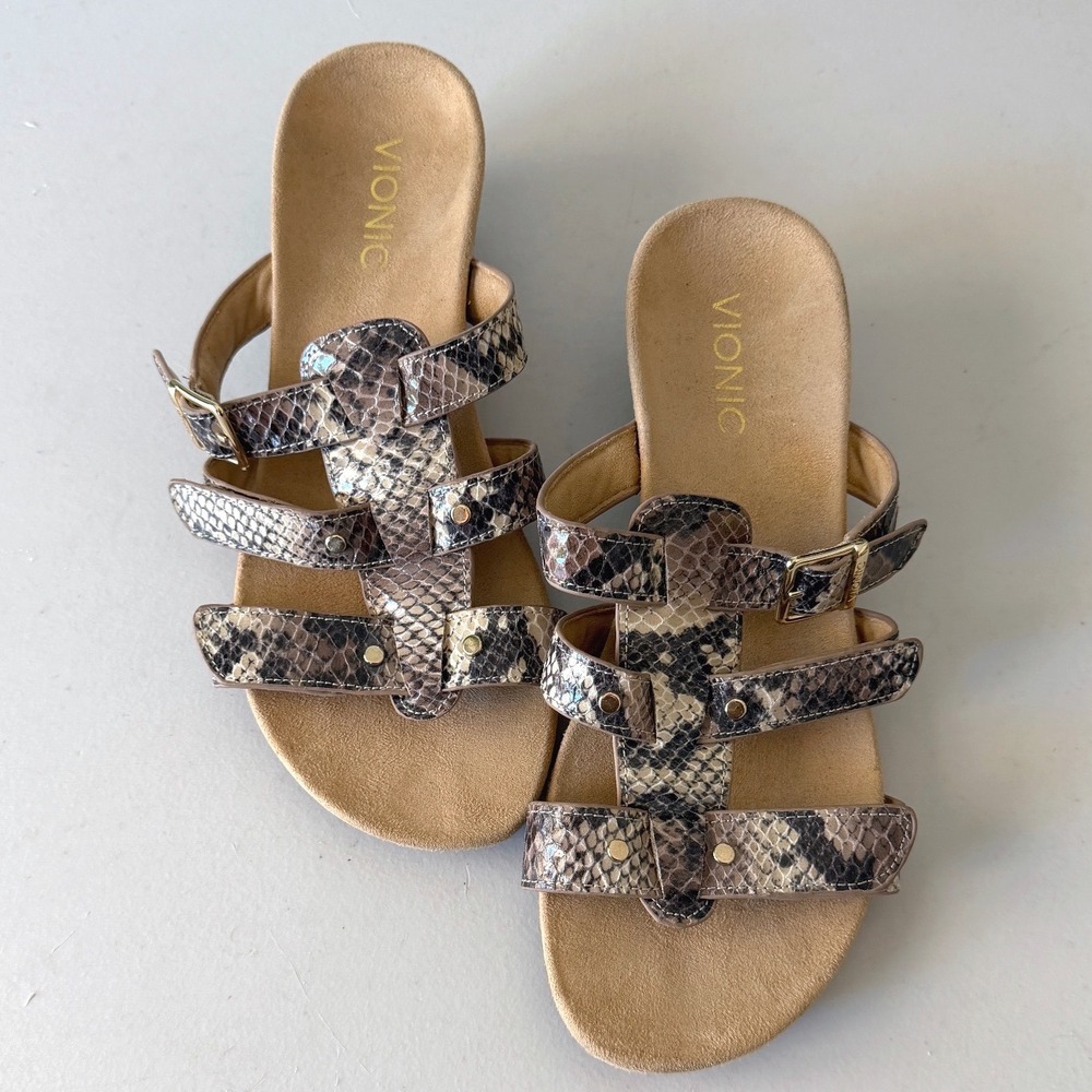 Vionic Womens Radia Snake Print Wedge Sandals Strappy Orthotic Brown Size 8 Wide